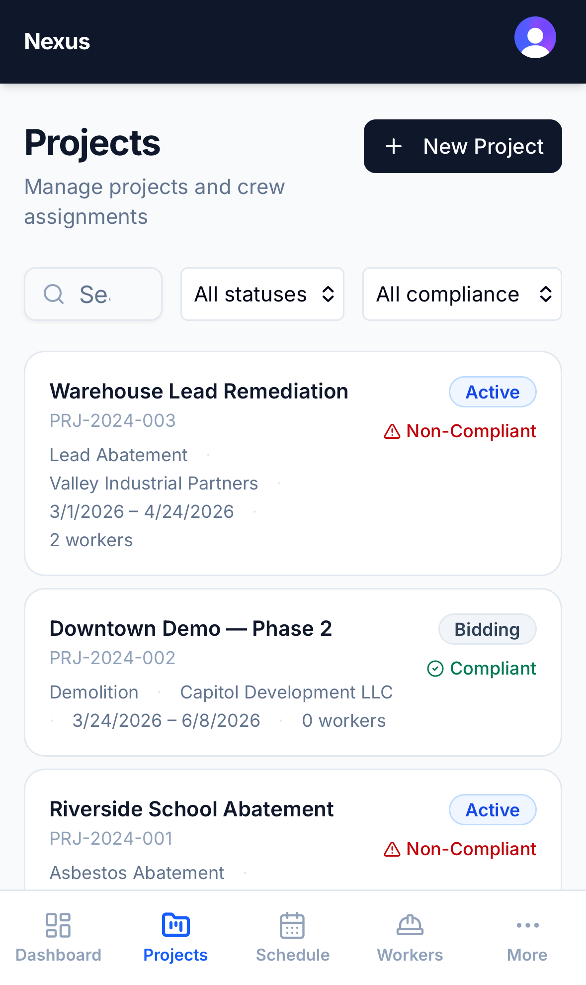 The projects list on a phone, with three active jobs and per-project compliance status.