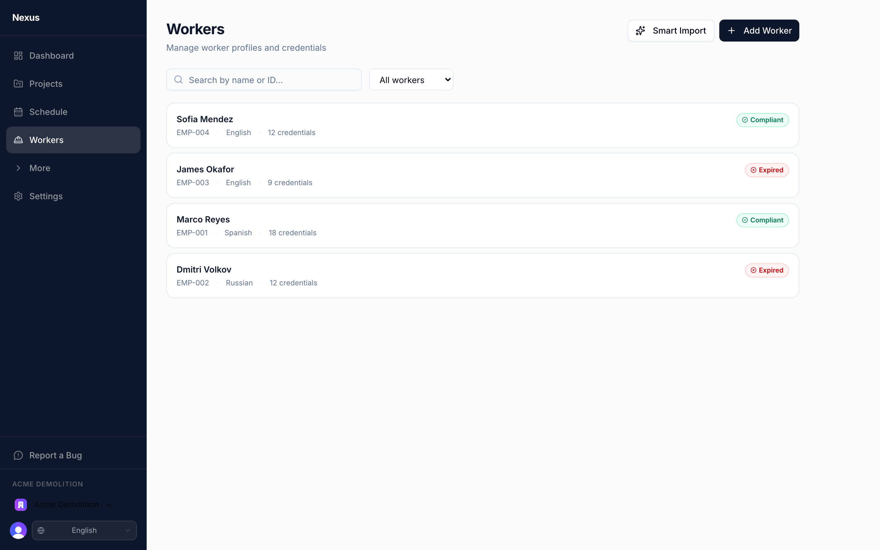 Workers list showing Marco Reyes, Dmitri Volkov, Sofia Mendez and others with their compliance status.